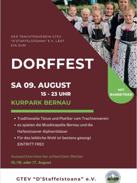 Am Samstag, 9.8.2025, ab 15.00 Uhr findet wieder das traditionelle Dorffest im Bernauer Kurpark statt. Wir spielen ab 15.00 Uhr mit einer kleineren Besetzung und ab 18.00 Uhr die komplette Musikkapelle Bernau.
#staffelstoanabernau #dorffest #bernauamchiemsee #trachtler #hofbräuhaus #hofbräuhaustraunstein #musikkapellebernau