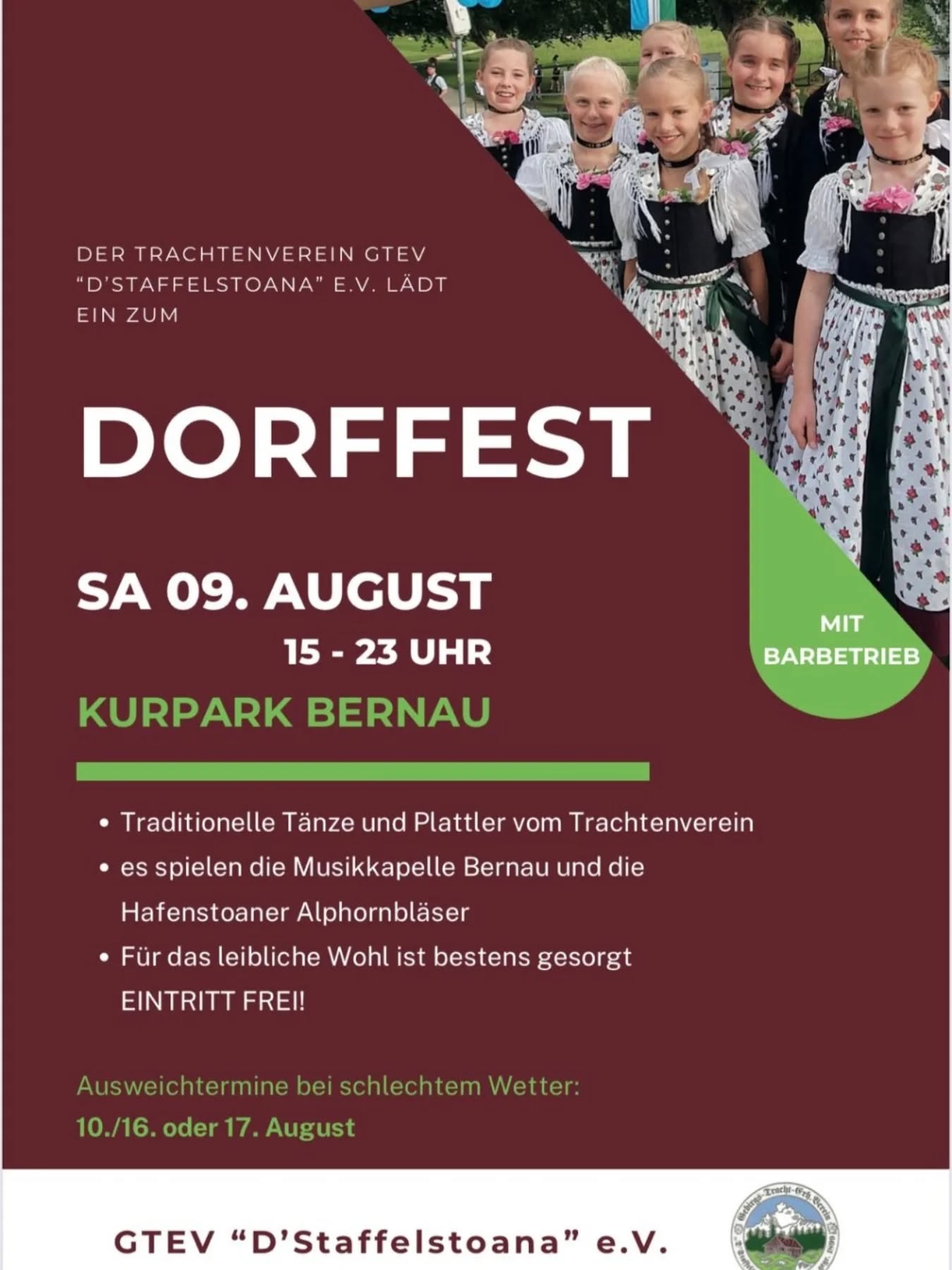 Am Samstag, 9.8.2025, ab 15.00 Uhr findet wieder das traditionelle Dorffest im Bernauer Kurpark statt. Wir spielen ab 15.00 Uhr mit einer kleineren Besetzung und ab 18.00 Uhr die komplette Musikkapelle Bernau.
#staffelstoanabernau #dorffest #bernauamchiemsee #trachtler #hofbräuhaus #hofbräuhaustraunstein #musikkapellebernau